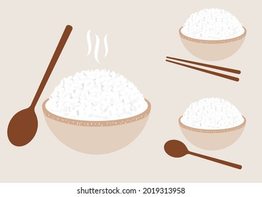 Rice bowl icons with spoon and chopsticks on pastel background vector illustration.