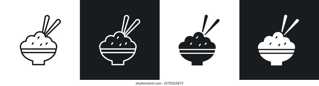 Rice bowl icons vectors set in black. line and flat versions