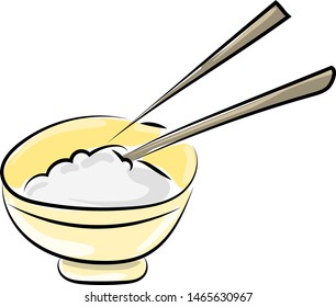 Rice in bowl, illustration, vector on white background.