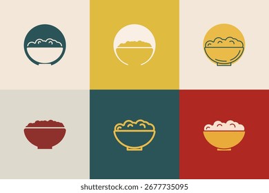 Paquete del logotipo del cuenco de arroz. Iconos mínimos limpios del vector para el restaurante, comida asiática, marca del café
