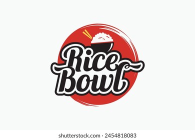 Logo del tazón de arroz con una combinación de platos de tazón de arroz, palillos chinos y letras hermosas para empresas de comida asiática o japonesa, restaurantes, camiones de comida, cafés, etc.