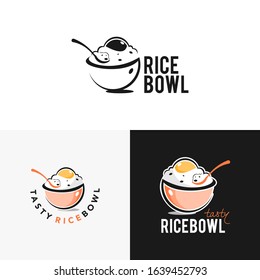 Rice Bowl Logo Design with Spoon Vector, for Fresh Meal Industry Healthy Food Modern Graphic Icon Template