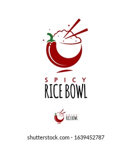 rice bowl logo healthy food design, template icon with chopstick and chili vector for gourmet industry