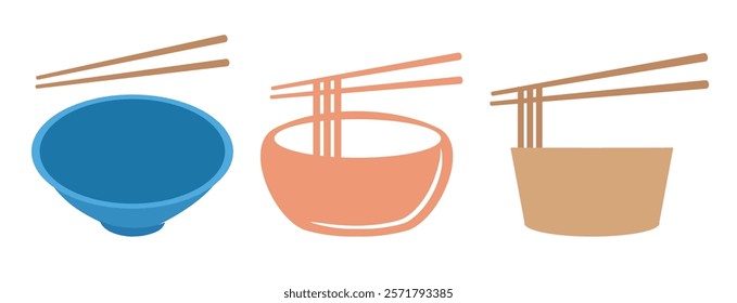 Rice bowl and noodle bowls with chopsticks sign logo isolated on white background vector. Flat design.