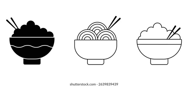 Rice bowl, Noodles bowl and chopstick vector icon set. Silhouette of Soup, Cooking bowl symbol. Vector illustration.