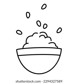 Rice bowl outline drawing isolated on white background. Doodle asian food icon or logo. Black and white vector illustration.