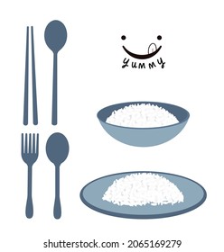 Rice bowl, rice plate, spoon, fork, chopsticks and yummy face isolated on white background vector illustration. Cute cartoon food icons for restaurant. 