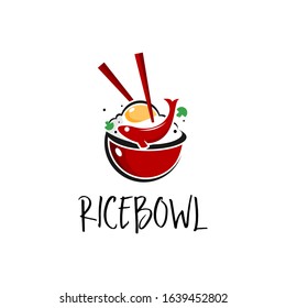 Rice Bowl Poke Logo Food Vector, with Chopstick Fish and Fried Egg Graphic Design Element