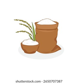 arroz em uma tigela e arroz em um conceito de saco ilustração