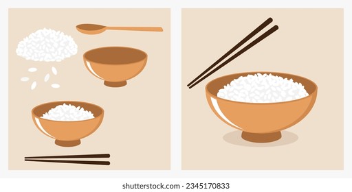 Juego de cuenco de arroz con cuchara de madera, palillos, símbolo del icono de la semilla de arroz en la ilustración del vector de fondo marrón.