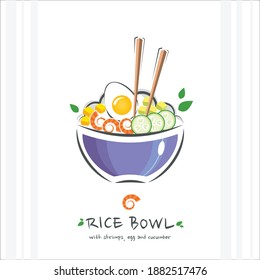 Rice bowl with shrimps, egg and cucumber. Healthy food design template. Illustration with chopstick and poke bowl with rice