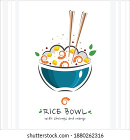 Rice bowl and shrimps   mango  Healthy food design template  Illustration and chopstick   poke bowl and rice