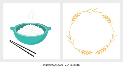 Arroz boliche, fumaça, pauzinhos e arroz planta ou círculo de trigo sinal isolado no vetor de fundo branco.