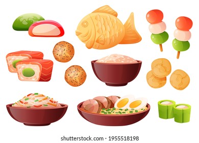 Rice in bowl, soup ramen with noodles and eggs. Traditional japanese food cooked from rice. Vector cartoon set with sushi, taiyaki fish, chips, dango, wagashi and mochi isolated on white background