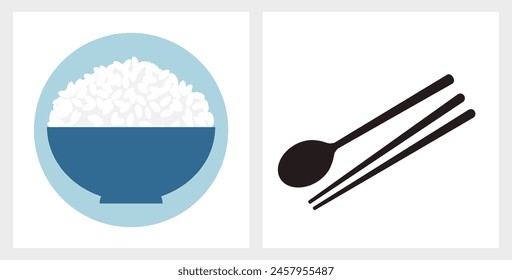 Rice bowl, spoon and chopsticks icon sign vector.