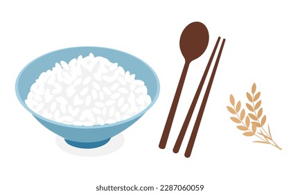 Rice bowl with spoon, chopsticks and rice plant on white background vector illustration.