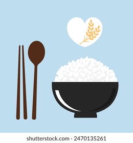 Rice bowl, spoon, chopsticks and rice plant signs on blue background vector.