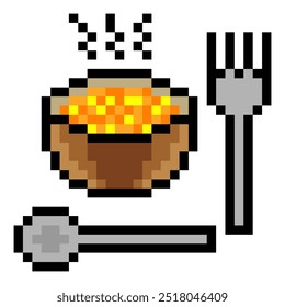 tigela de arroz com colher e garfo no estilo pixel art