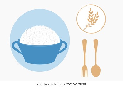 Rice bowl, spoon, fork and rice or wheat logo sign isolated on white background vector.