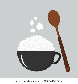 Rice bowl with spoon icon on grey background vector illustration. Cute cartoon food.