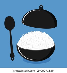 Rice bowl with spoon icon set on blue background vector.
