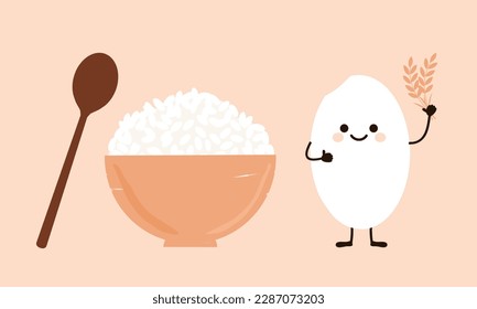 Rice bowl with spoon and rice seed cartoon on orange background vector illustration. 