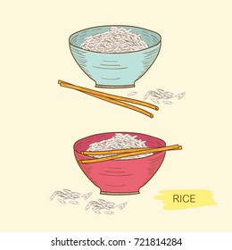 Rice In The Bowl. Sticks. Sketch. Color Pattern. Set.