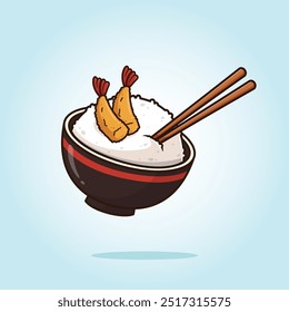 Rice bowl with tempura shrimp or Japanese Ebi Furai and wooden chopsticks. food vector cartoon illustration