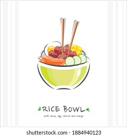 Rice bowl with tuna, egg, carrot and mango. Healthy food design template. Illustration with chopstick and poke bowl 