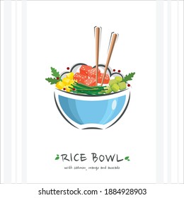 Rice bowl with tuna, salmon, mango and avocado. Healthy food design template. Illustration with chopstick and poke bowl 