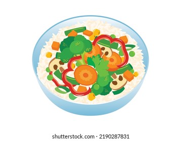 Rice bowl with vegetables icon vector. Healthy vegan rice with vegetables icon isolated on a white background. Diet vegetarian food drawing