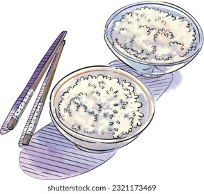Rice in bowl water colour with outline.