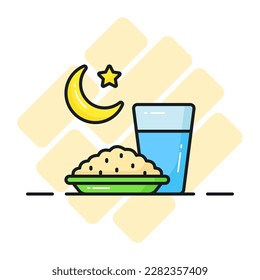 Rice bowl with water glass and crescent moon vector of iftar icon
