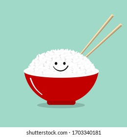 Rice bowl and wooden chopsticks icon isolated on green background vector illustration. Cute cartoon food for restaurant.