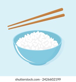 Rice bowl with wooden chopsticks on blue background vector illustration.