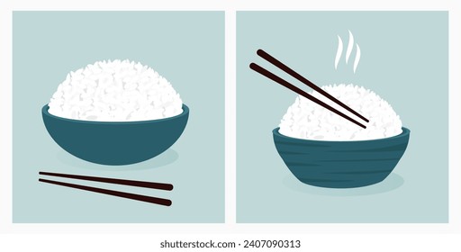 Rice bowls with chopsticks on green backgrounds vector.