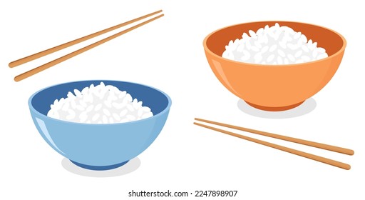 Rice bowls with chopsticks on white background. Cute food icon sign vector illustration.