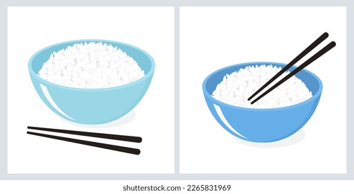 Rice bowls with chopsticks on white backgrounds vector illustration.