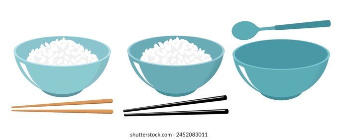 Rice bowls with chopsticks and spoon isolated on white background vector.