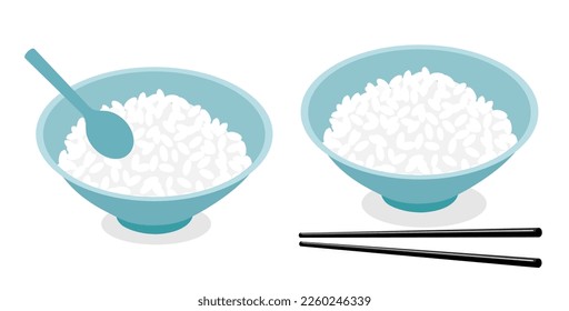 Rice bowls with chopsticks and spoon on white background vector illustration. Cute cartoon food. 