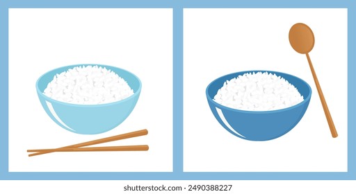 Rice bowls with chopsticks and wood spoon icon sign isolated on white backgrounds vector.