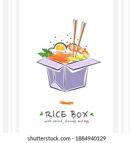 Rice box with carrot, shrimps and egg. Healthy food design template. Illustration with takeaway poke bowl. Hawaiian food delivery.