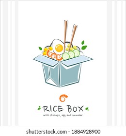 Rice box with shrimps, egg and cucumber. Healthy food design template. Illustration with takeaway poke bowl. Hawaiian food delivery.