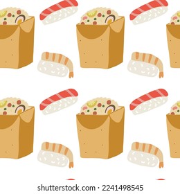 Rice in box with sushi seafood seamless pattern. Asian food seamless pattern. Background asian seafood vector illustration on white background. Seamless pattern for menu, packaging design.