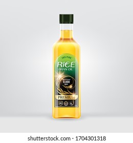 Rice Bran Oil Organic Label and Bottle Packaging Vector Template.