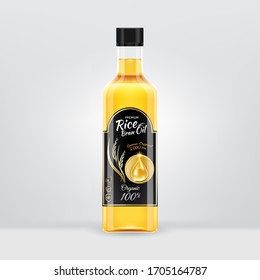 Rice Bran Oil Organic Label and Bottle Packaging Vector Template.