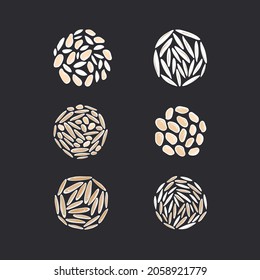Rice bunch set. Vector different cereals types of grain isolated. Vegan organic raw food. Detailed white sushi and wild black seeds, brown granules. View from above