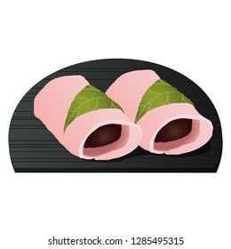 Rice cake with bean paste wrapped in a preserved cherry leaf