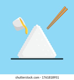 The rice cake has been opened from its wrapper, with chopsticks and glass and its contents, and it's ready to eat. for the dragon boat festival. Blue background