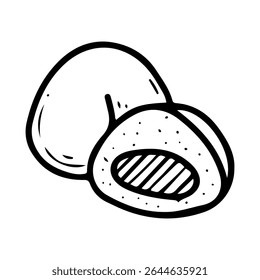 Rice cake Mochi. Hand drawn doodle vector. Traditional Asian food. Soft dessert with different fillings. Sweet dough. Restaurant menu. Illustration line art element.